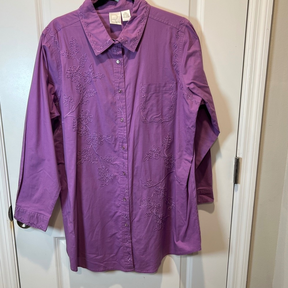 Roaman's Women Button Down Shirt Floral Embroidery Soft Plum 20W